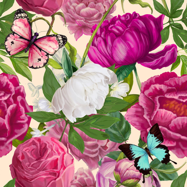 naadloze peoni floral mode patroon - Foto, afbeelding