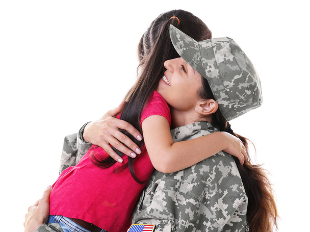 Mother in army uniform with daughter isolated on white - Φωτογραφία, εικόνα