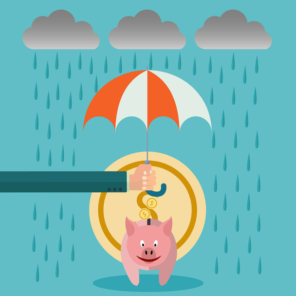 A businessman with umbrella protecting his piggy bank - Vector, Image