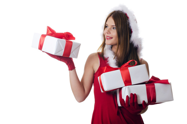 The Christmas girl with boxes of gifts isolated - Zdjęcie, obraz