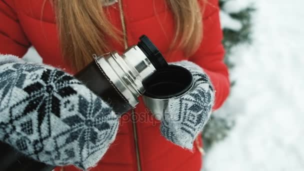 Fiatal nő meleg tea a fagy szabadtéri termosz. - Felvétel, videó