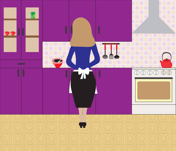 A woman prepares food in the kitchen, interior - Vector, Image