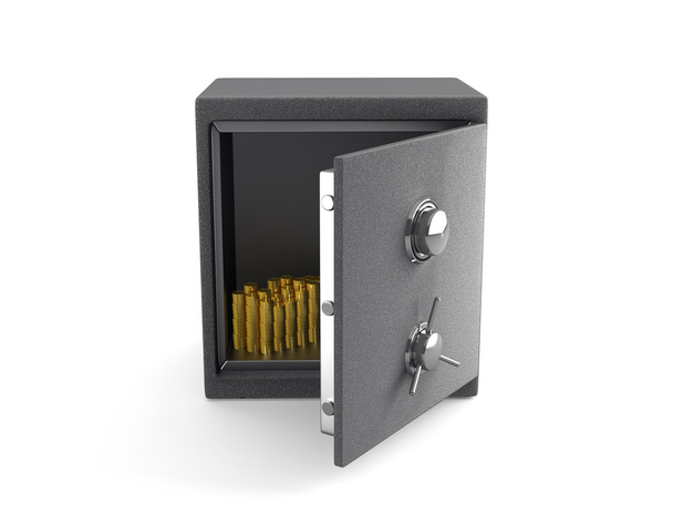 Una caja fuerte abierta con monedas de oro
 - Foto, Imagen