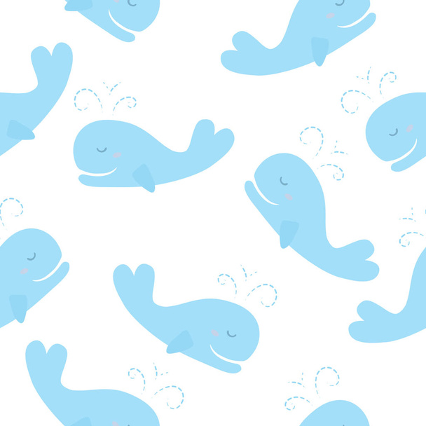 Cute background with cartoon blue whales. Baby shower design. Seamless pattern can be used for wallpapers, pattern fills, surface textures - Вектор,изображение