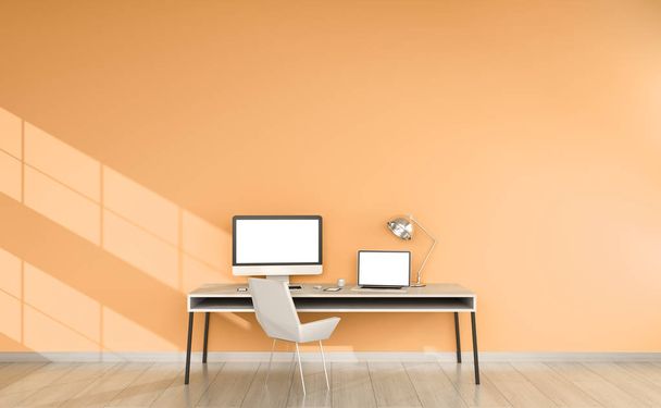 デバイス 3 d レンダリングとモダンなオレンジ色のデスクトップ インテリア - 写真・画像
