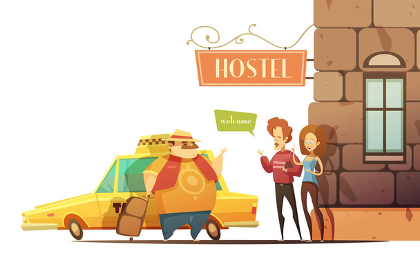 Hostel Design Concept  With Managers Welcoming Tourist - Vector, Image