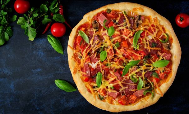 Pizza with salami on dark background - Foto, Bild