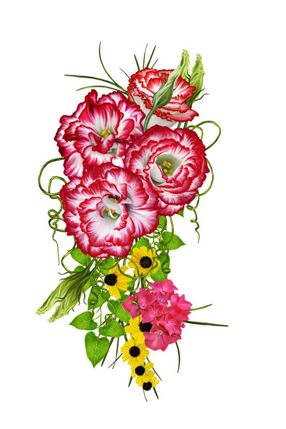 Flower arrangement, bouquet. Bright red eustoma, small pink, crimson flowers, green grass and leaves. Isolated on white background. - Photo, Image