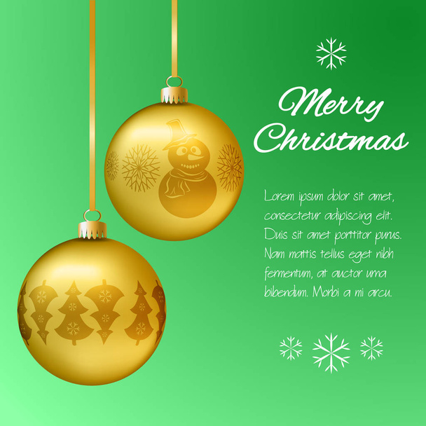 Kerstkaart met gouden hangers in de vorm van een bal. Versier fir, sneeuwvlokken, sneeuwpop. Klassieke groene achtergrond met ruimte voor uw tekst. Vectorillustratie. - Vector, afbeelding