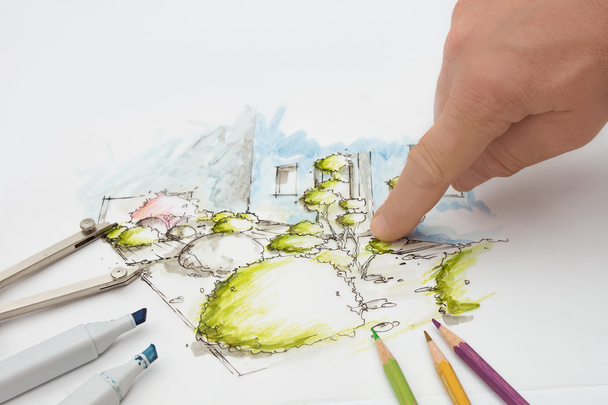 Landscape Architect showing Detail on Design Sketch - Photo, Image