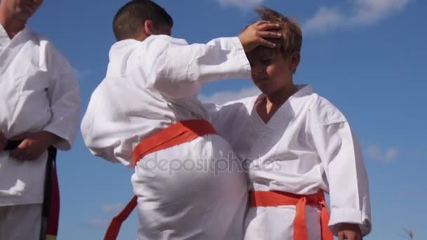Děti bojovat s učitelem ve škole Karate zpomaleně - Záběry, video