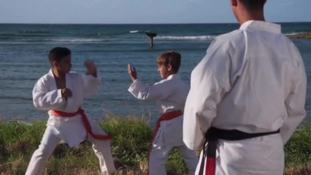 Portrét jistotu Karate trenér sledování dětí bojovat a cvičení - Záběry, video