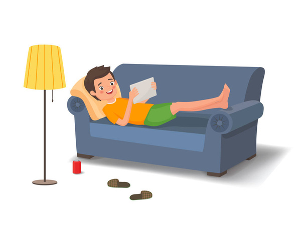 Young man lying on the couch with a tablet - Vector, Image