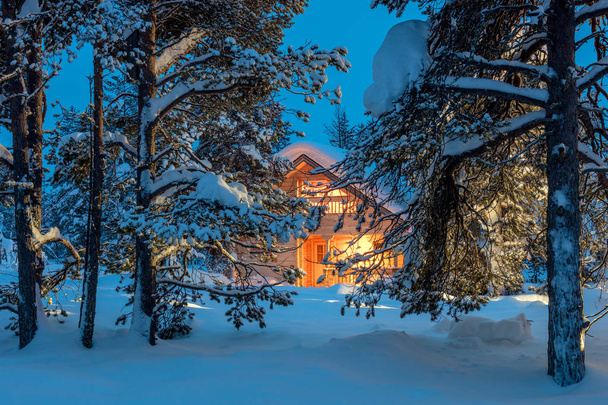 Wooden house with warm light in dark cold winter forest - Zdjęcie, obraz