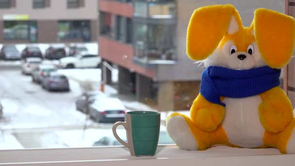 Coelho de brinquedo amarelo com xícara de chá sentado à janela no inverno. Flocos de neve a cair
. - Filmagem, Vídeo