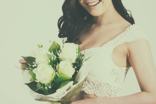 retro wedding bouquet with the flower in hands of the bride - Φωτογραφία, εικόνα