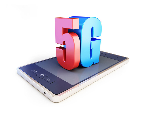 5G teléfono inteligente ang texto 5G, 5G signo, 5G celular de alta velocidad de datos de conexión inalámbrica. Ilustraciones 3d sobre fondo blanco
 - Foto, Imagen