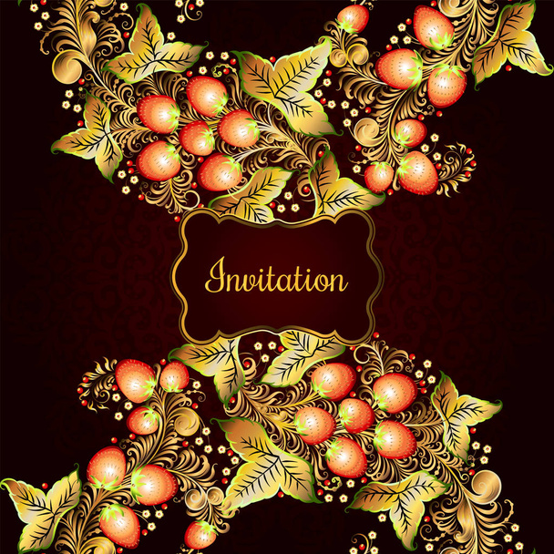 Cartão decorativo com elementos da pintura nacional russa tradicional no estilo de Khokhloma - flores, bagas e folhas. Modelos para banners
,  - Vetor, Imagem