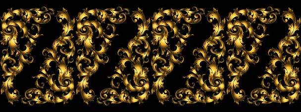 Vector seamless vintage design element. Floral border with stylized baroque scrolls. Golden rich moulding in style of the 19th century. Luxury, black  gold leaves - Vector, Image