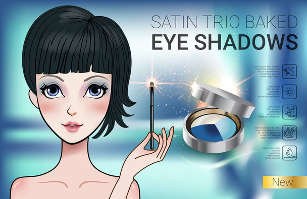 Vector Illustration with Manga style girl and set color palette with eye shadows. - Vector, Image