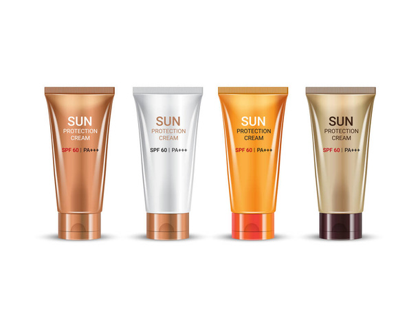 Vector illustration of realistic tubes of sun protection cream on white background. - Vector, Image