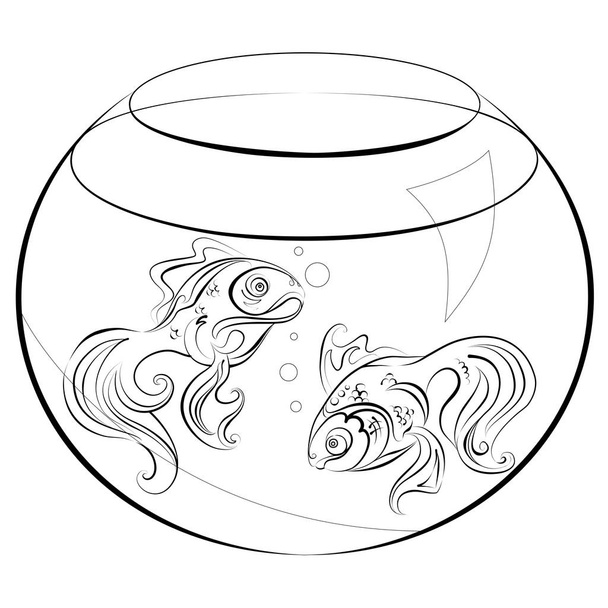 Иллюстрация без цвета заливки - две стилизованные золотые рыбки в аквариуме - Вектор,изображение