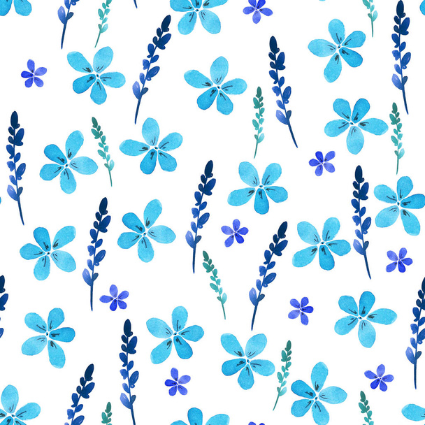 Seamless floral pattern with watercolor blue flowers and leaves in vintage style. Hand made. Ornate for textile, fabric, wallpaper. Nature illustration. Painting elements. - Foto, Imagen