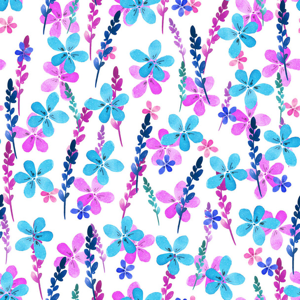 Seamless floral pattern with watercolor blue pink flowers and leaves in vintage style on white background. . Hand made. Ornate for textile, fabric, wallpaper. Nature illustration. Painting elements. - Фото, зображення