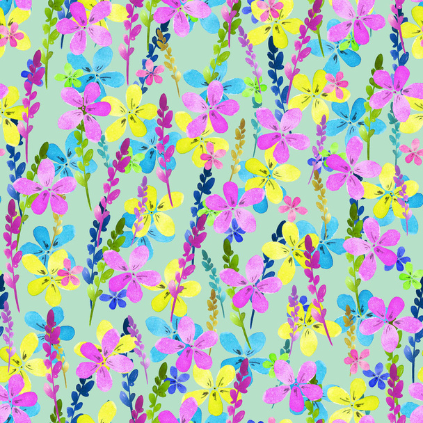 Seamless floral pattern with watercolor blue pink yellow flowers and leaves in vintage style on  background. . Hand made. Ornate for textile, fabric. Nature illustration. Painting elements. - Фото, зображення