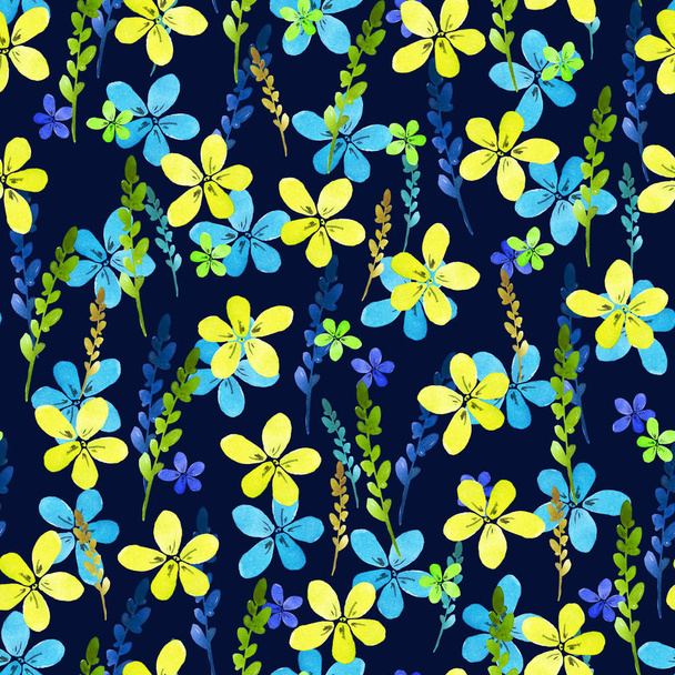 Seamless floral pattern with watercolor blue yellow flowers and leaves in vintage style on background. . Hand made. Ornate for textile, fabric. Nature illustration. Painting elements. - Fotoğraf, Görsel