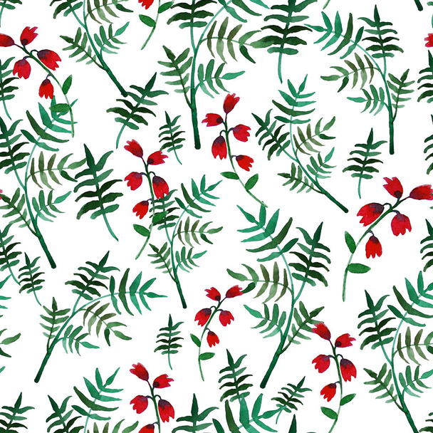 Seamless floral pattern with watercolor red flowers and leaves in vintage style on white background. . Hand made. Ornate for textile, fabric, wallpaper. Nature illustration. Painting elements. - Zdjęcie, obraz