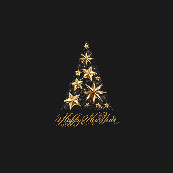 gold stars christmas tree with hand lettering inscription happy - Vettoriali, immagini