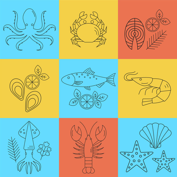 Seafood vector flat line icons set. - Vector, Image