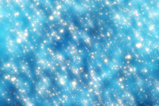Bokeh ve mavi arka plan üzerinde ufuk parçacıklar. Neşeli Noel şablonu - Fotoğraf, Görsel