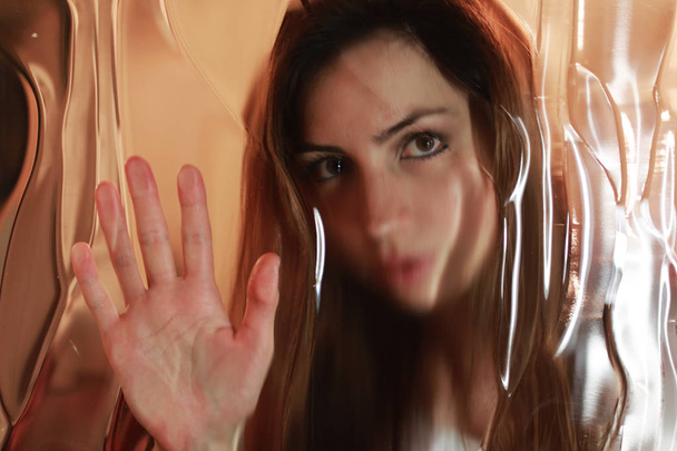 girl face behind glass - Foto, Imagem