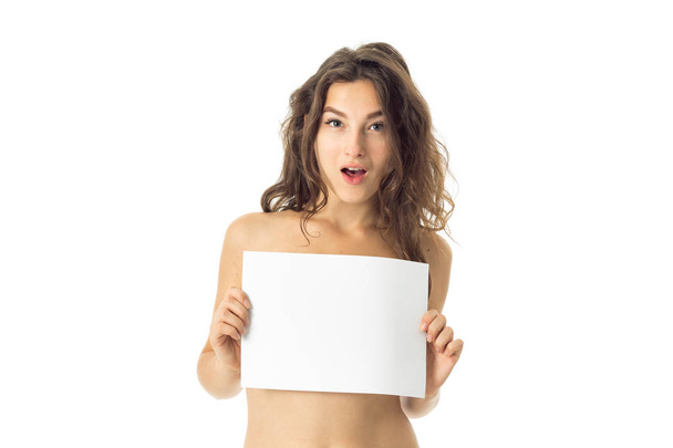 nude brunette girl with placard - Foto, Imagem