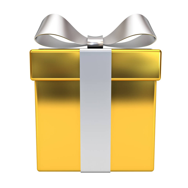 Gold gift box with silver ribbon bow isolated on white background - Foto, afbeelding