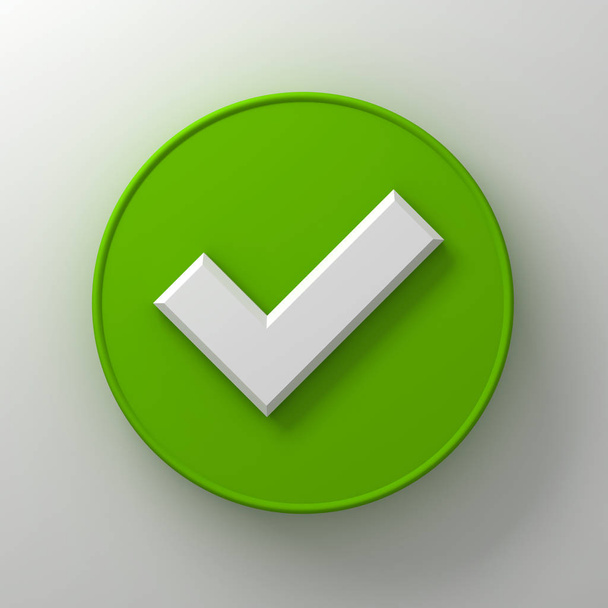Marca de verificación blanca o resumen de garrapatas en letrero redondo verde sobre fondo de pared blanco con sombra
 - Foto, imagen