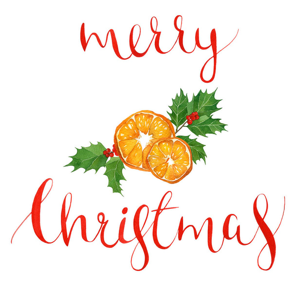 watercolor Christmas card with holly berries and leaves,orange and lettering. - 写真・画像