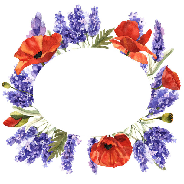 Wildflower lavender flower frame in a watercolor style isolated. - Foto, Imagem
