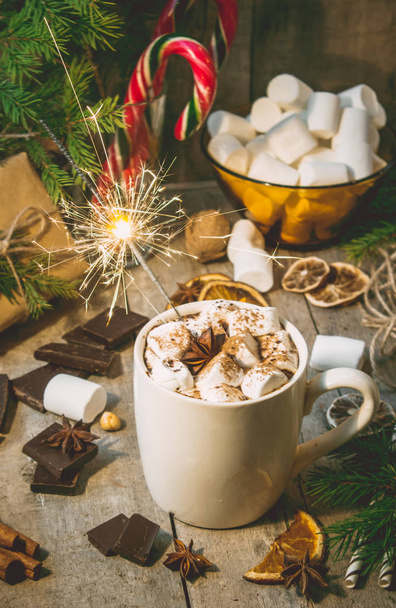 cacao chaud avec guimauves. Fond de Noël
. - Photo, image