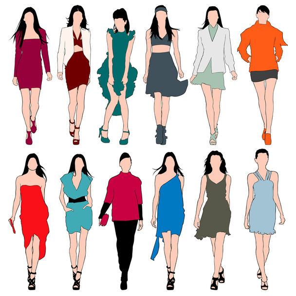 12 Fashion Models Silhouettes Vector Set - Vector, Image