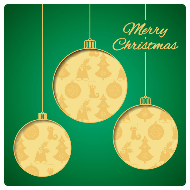Kerstkaart met ballen gesneden uit papier. Klassieke groene toplaag en gouden naadloze patroon hieronder. Ontwerp van klokken, boom, ballen en bevoorrading op de onderste laag. Vectorillustratie. - Vector, afbeelding