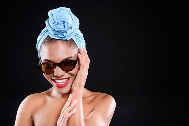 Smiling woman is wearing glasses and towel - Foto, Bild