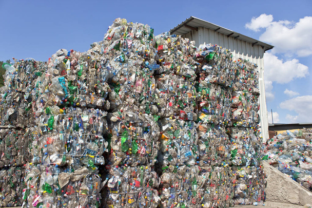 Stack of plastic bottles for recycling against blue sky - Photo, Image