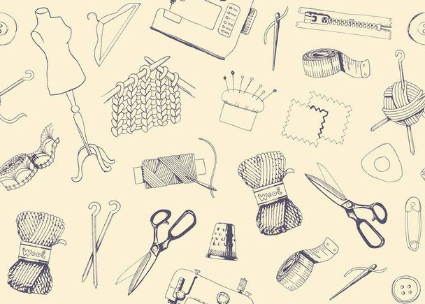 Pattern with sketches of sewing and knitting - Vector, Image
