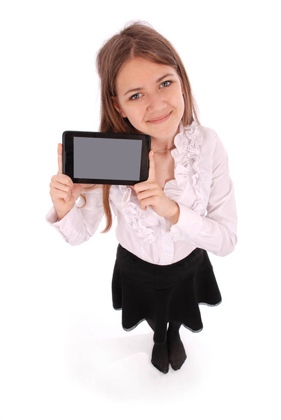 Kaunis nuori nainen tilalla digitaalinen tabletti
 - Valokuva, kuva