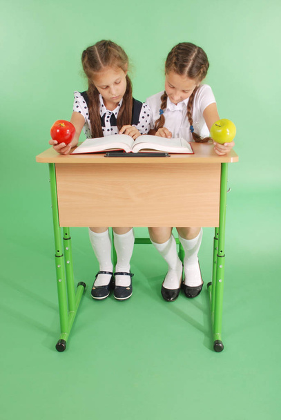 Duas meninas de uniforme escolar sentadas em uma mesa e lendo um livro
 - Foto, Imagem
