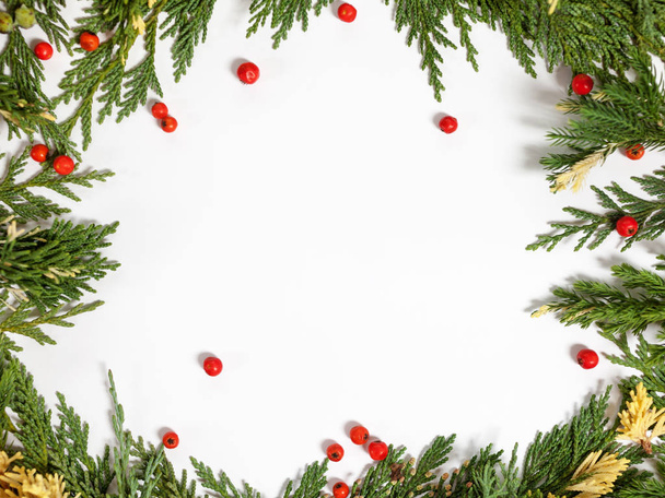 Bordure de fond de Noël avec sapin à feuilles persistantes et baies
 - Photo, image