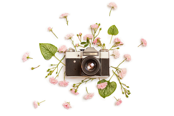 Vintage retro fénykép fényképezőgép, rózsaszín rózsa, a tündér és a Brunnera  - Fotó, kép